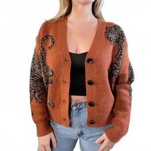 Women's orange rust Tiger Print Cardigan
